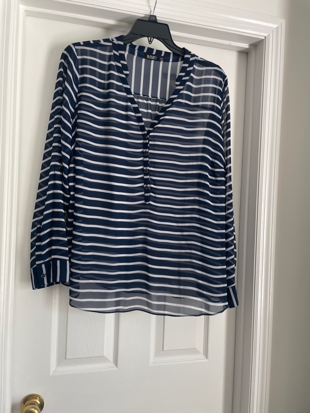 a.n.a Navy and White Striped Semi-Sheer Henley Top